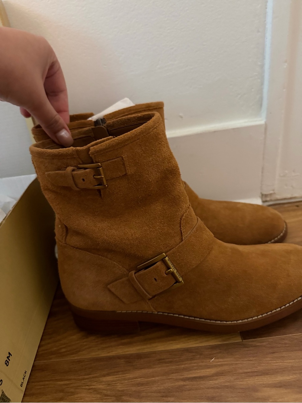 Michael Kors Women’s Suede Ankle Boot in Cognac with Buckle Detail
